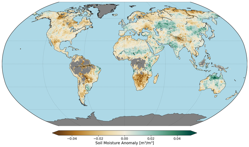 Soil moisture anomalies for the year 2024 (baseline 1991-2020) in ESA CCI SM v09.2. Grey areas are masked because of dense vegetation or snow cover.