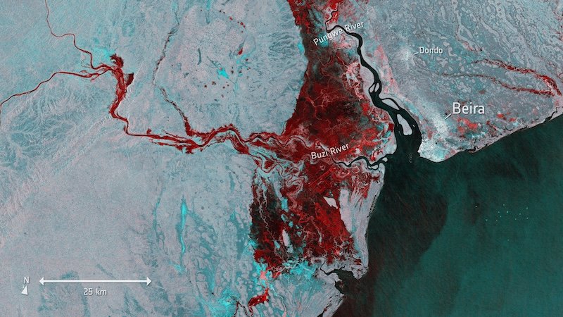 Cyclone Idai floods near Beira 2019-3-19 by ESA Copernicus Sentinel-1