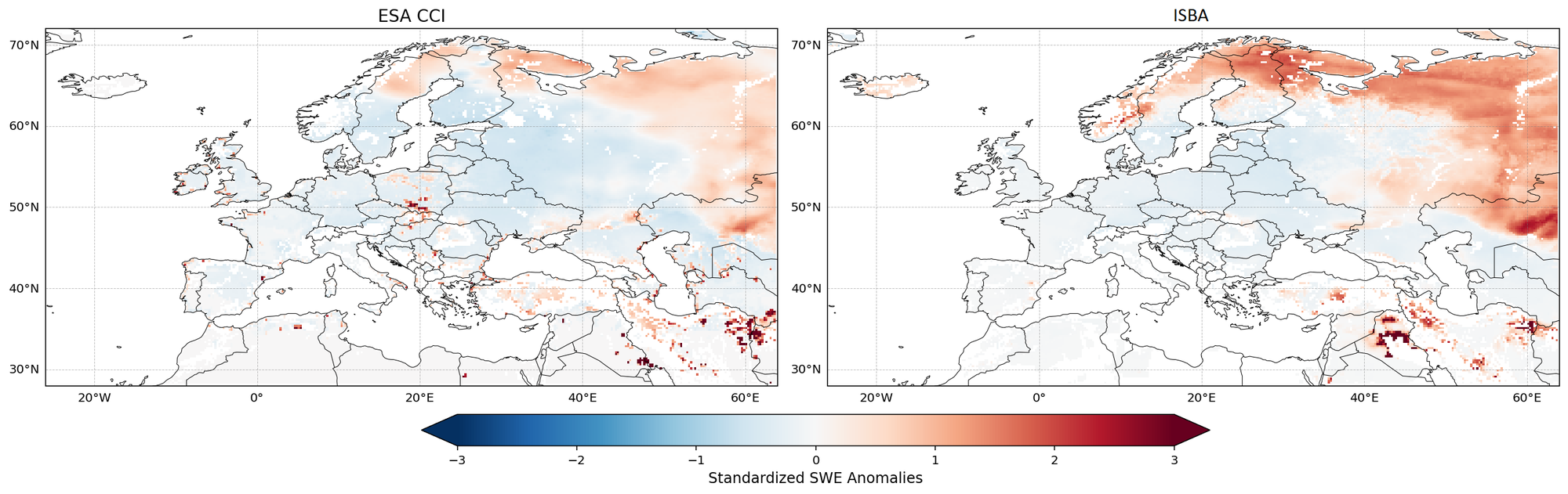 Scaled SWE anomaly for the warm winter of 2020: (left) differences of SWE ISBA simulations (CCI LC minus pre-existing LC) with respect to CCI SWE observations from 2010 to 2022. Red colour corresponds to positive SWE anomalies.