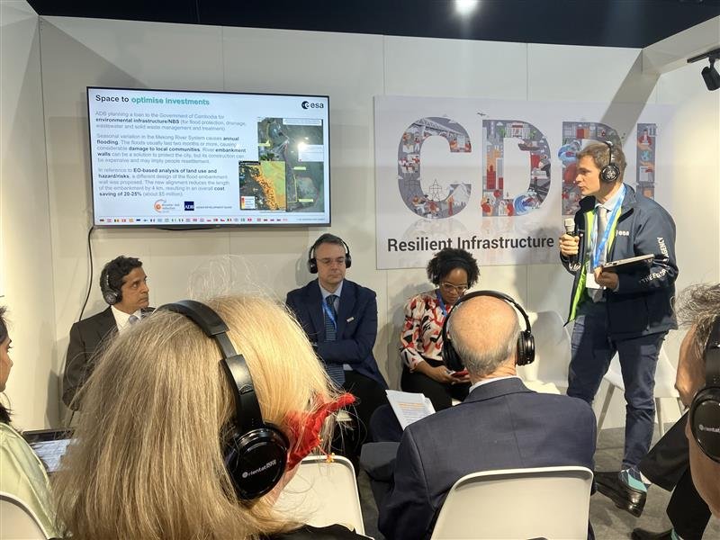 Clement Albergel showcased examples from ESA’s GDA programme where Earth observation is 'Leveraging Data and Technology for Infrastructure Risk Resilience' at the CRDI Pavilion