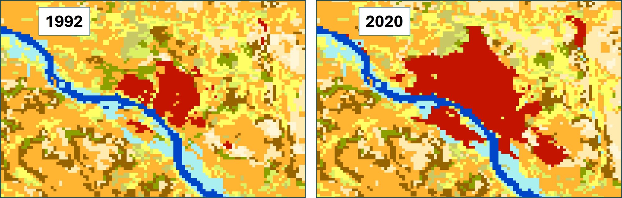 Urban expansion of Niamey, Niger, between 1992 and 2020, derived from the ESA CCI ECV Land Cover time series. The maps illustrate how EO-based multi-decadal satellite observations capture the rapid growth of the built-up area (red) along the Niger River c